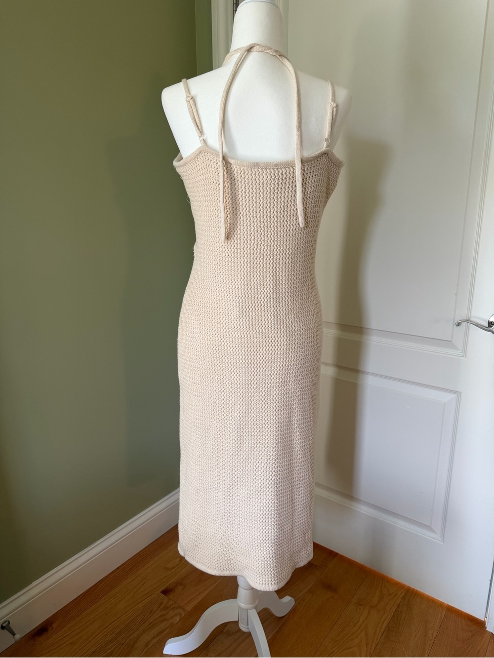 Beige Knit Cutout Midi Dress - Sleeveless Spaghetti Straps - Picture 2 of 3
